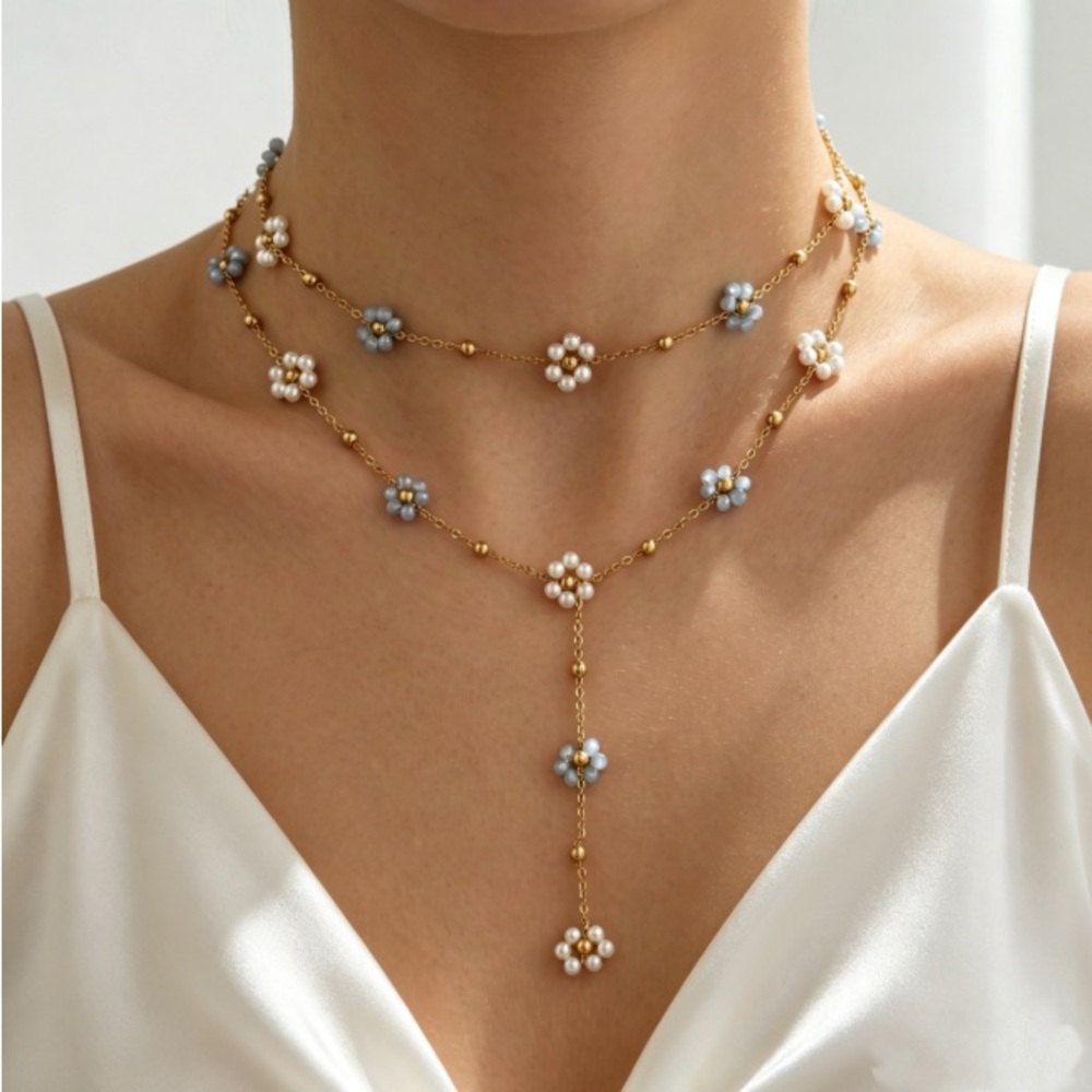 Gold Two-Tier Pearl Flower Lariat Necklace - Blue & White